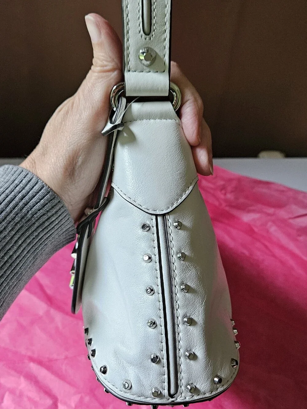 NWOT Michael Kors Astor Studded Leather Shoulder Bag Optic White